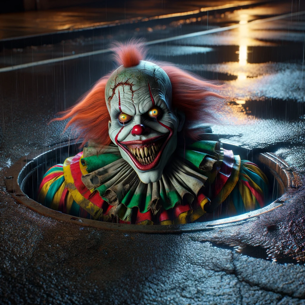 DALL·E 2024-01-21 02.09.47 - A hyper-realistic image of an original evil clown staring out of a street sewer. The clown has a menacing and eerie appearance, with exaggerated facia